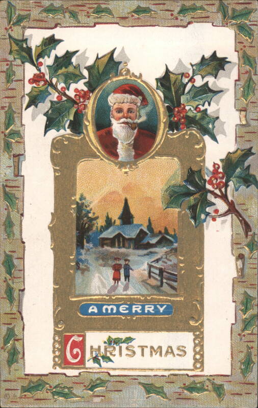 Santa Claus and Winter Village Scene with Holly Border Christmas Greeting