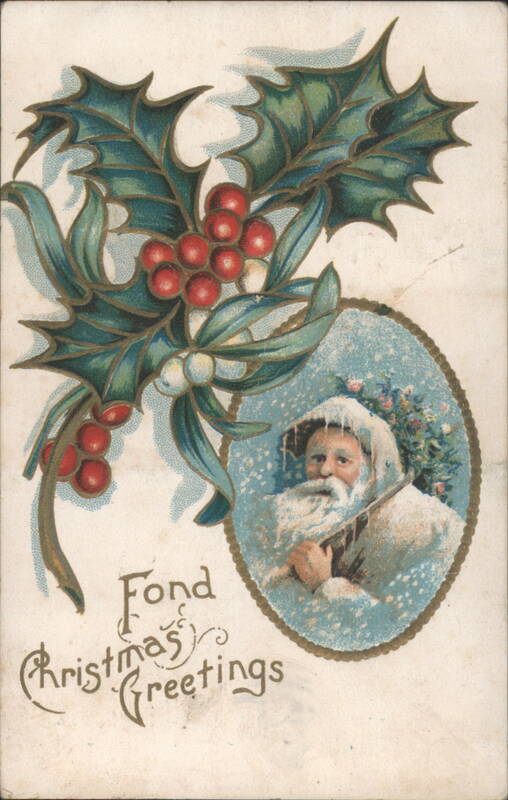 Christmas Greetings with Santa Claus and Embossed Holly