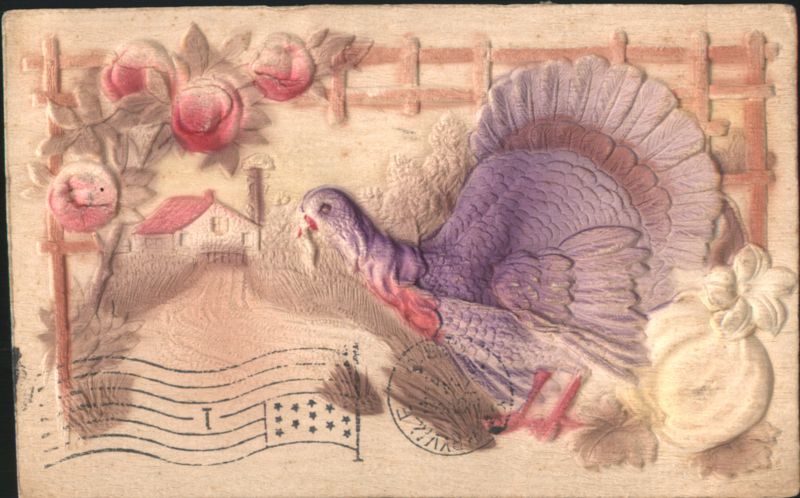 Embossed Purple Turkey Rural Farm Scene with Roses Thanksgiving Greeting
