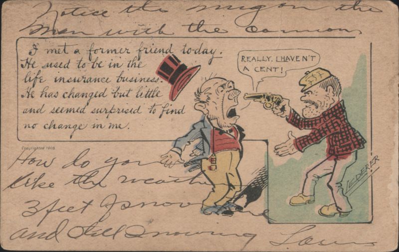 Comic Robbery Cartoon, Man with Gun and Surprised Victim