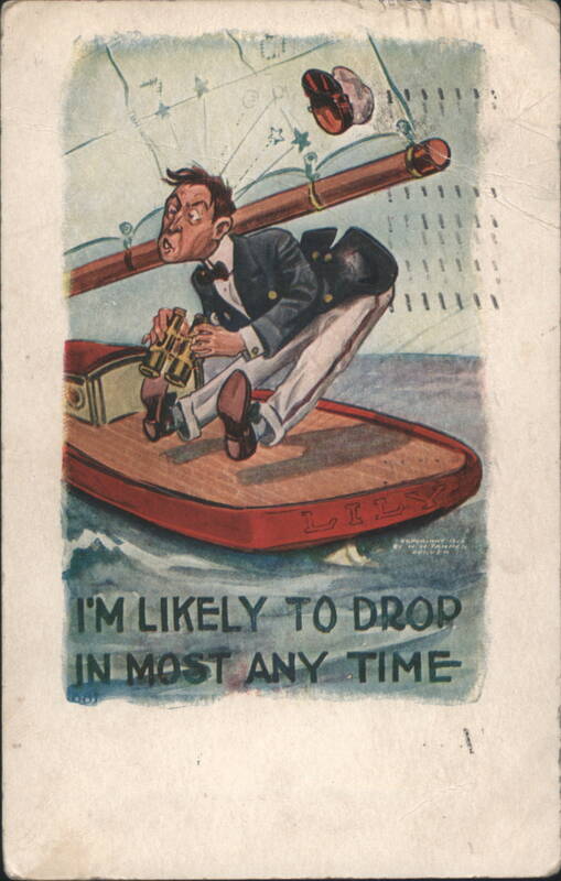 Comic Sailor Hanging Upside Down from Ship's Mast with Binoculars