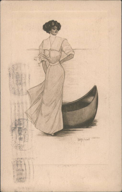 Elegant Woman in Long Dress with Canoe, Art Nouveau Style