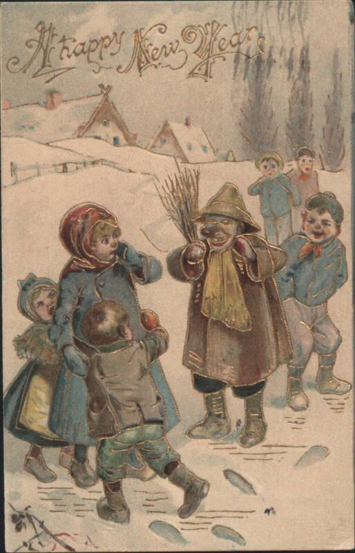 Happy New Year Children Playing in Snow with Straw Man