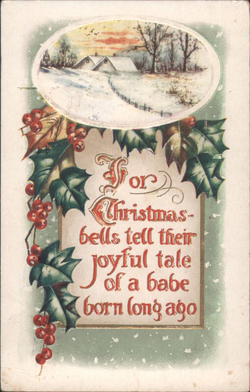 Christmas Greeting with Holly, Berries, Winter Scene, 1909