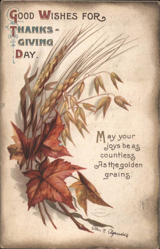 Thanksgiving Day Good Wishes with Autumn Leaves and Golden Grains