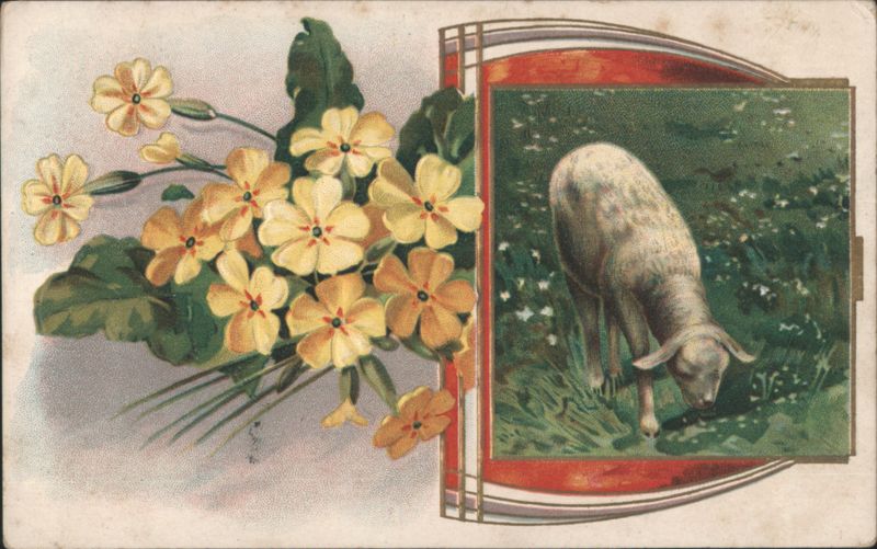 Primroses Bouquet with Lamb in Grassy Field Flowers