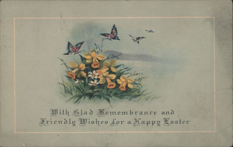 Happy Easter Wishes with Daffodils, Flowers, and Butterflies