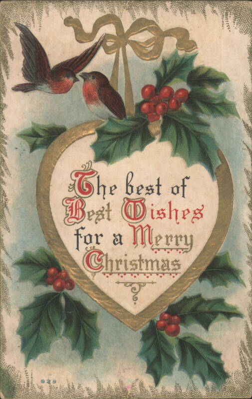Christmas Greeting with Birds, Holly, and Heart