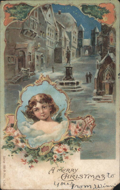 Christmas Angel Cherub in Floral Frame, Snowy European Town Scene