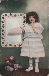 Young Girl with Finger to Lips, Message Board, and Flowers Illustration Postcard