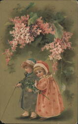 Two Children with Floral Garland of Pink Lilacs Postcard