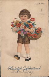 Child with Basket of Flowers, Hartelijk Gefeliciteerd Greeting Postcard