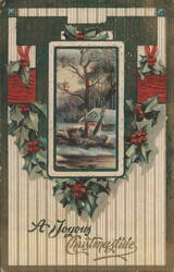 A Joyous Christmastide, Winter Scene with Holly and Ribbons Postcard