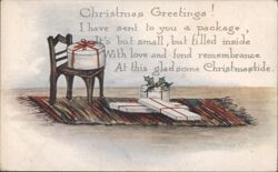 Christmas Greetings Poem, Illustrated Gifts on Chair Postcard