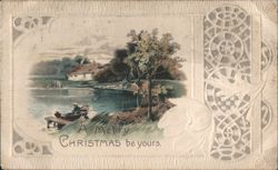Christmas Greeting with Lakeside Cottage and Rowboat Postcard