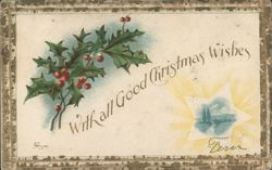 Christmas Wishes Holly Berries Star Ohio City OH 1906 Postcard