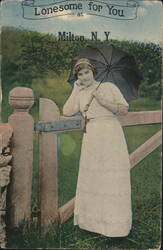 "Lonesome for You" Woman with Umbrella, Milton, NY Postcard
