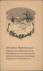 Christmas Remembrance Poem, Winter Landscape with Holly Wreath Postcard