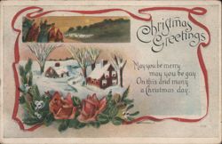 Christmas Greetings Snowy Village Scene with Red Ribbons and Roses Postcard