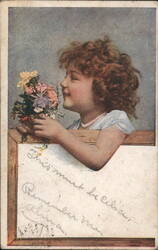 Smiling Girl with Red Hair Smelling Flowers, Adina to Celia Postcard