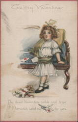 Young Girl with Doll & Dove for Valentine's Day Postcard