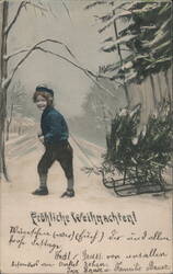 Boy Pulling Christmas Tree on Sled in Snowy Woods, Fröhliche Weihnachten Postcard