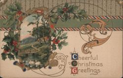 Cheerful Christmas Greetings with Holly and Winter Landscape Postcard