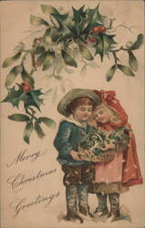 Children with Holly and Mistletoe, Merry Christmas Greetings Postcard