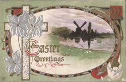 Easter Greetings Windmill Scene with Flowers, Cross, and Chick in Eggshell Postcard