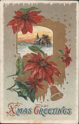 Christmas Greetings Poinsettias Winter Church Scene Bell Postcard
