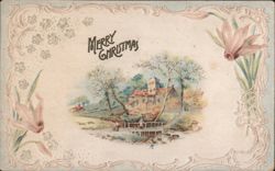 Merry Christmas with Village Church Scene and Pink Flowers Postcard