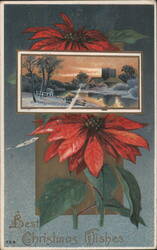 Poinsettias & Winter Landscape with Castle, Best Christmas Wishes Postcard