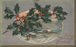 Loving Christmas Greetings, Winter Village Scene with Holly Postcard