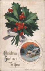 Christmas Greetings Holly Berries Winter Landscape Postcard