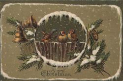 Three Birds in Snowy Basket with Bells, A Merry Christmas Postcard