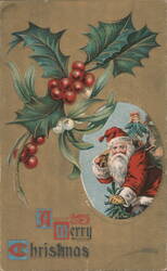 Santa Claus with Holly and Berries, A Merry Christmas Postcard