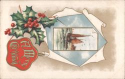 A Merry Christmas Holly and Berries with Sailboat Scene Postcard