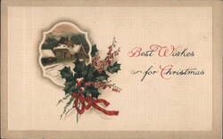 Best Wishes for Christmas with Snowy House, Holly & Berries Postcard