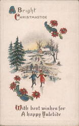 Bright Christmastide Happy Yuletide Children Ice Skating Winter Scene Poinsettias Postcard