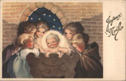 Joyeux Noël Nativity Scene with Baby Jesus and Children Postcard