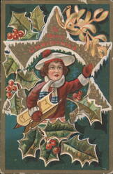 Girl with Holly & Mistletoe, A Merry Christmas Greeting Postcard