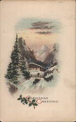 Winter Mountain Scene with Cabin, Christmas Greeting Postcard