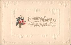 A Merry Christmas Greeting with Floral Basket and Icicle Border Postcard