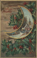 Merry Christmas Crescent Moon Winter Village Holly Berries Postcard