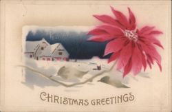 Christmas Greetings with Winter Scene, Snow-Covered House, and Poinsettia Postcard