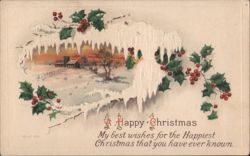 A Happy Christmas Greeting, Snowy Village Scene with Holly & Berries Postcard