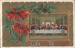 Christmas Greeting with Poinsettias, Holly, and The Last Supper Scene Postcard
