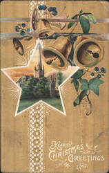 Christmas Bells, Holly, and Cathedral in Star Inset with Greetings Postcard