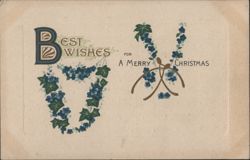 Best Wishes for a Merry Christmas with Decorative Lettering and Blue Flowers Postcard
