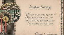 Christmas Greetings with Snowy Forest, House, and Candles Postcard